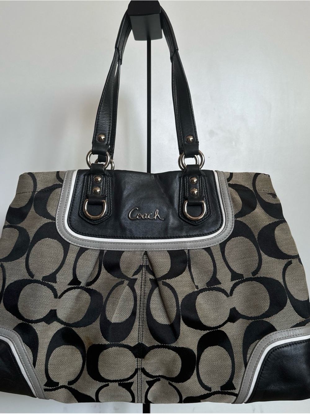 Coach Black and Khaki Signature Shoulder Bag with Leather Trim